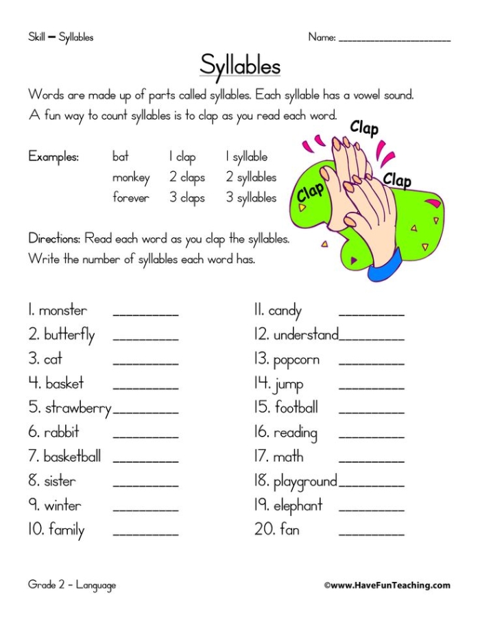 Numbers and Counting worksheet for Third Grade Syllable Practice: Count the Syllables worksheet for Third Grade