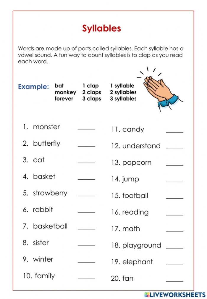 Syllable Practice worksheet 5 showing word sorting activity for elementary students learning phonemic awareness Third grade syllable counting worksheet with words organized by syllable count columns and alphabetical ordering instructions