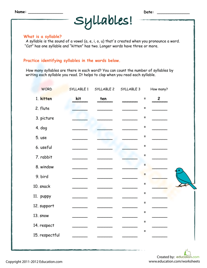 Syllable Practice: Count the Syllables Worksheet 11 for Third Grade Students A third grade worksheet showing words to count syllables with columns for organizing words alphabetically by syllable count