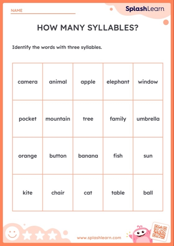 Syllable Practice Count the Syllables worksheet image 16 for elementary phonics and word structure skills Third grade syllable counting worksheet with words organized by syllable count columns for alphabetical ordering practice