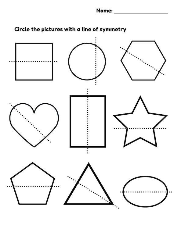 Shapes with Symmetry practice worksheet for third graders Worksheet featuring various shapes for identifying symmetry in math class