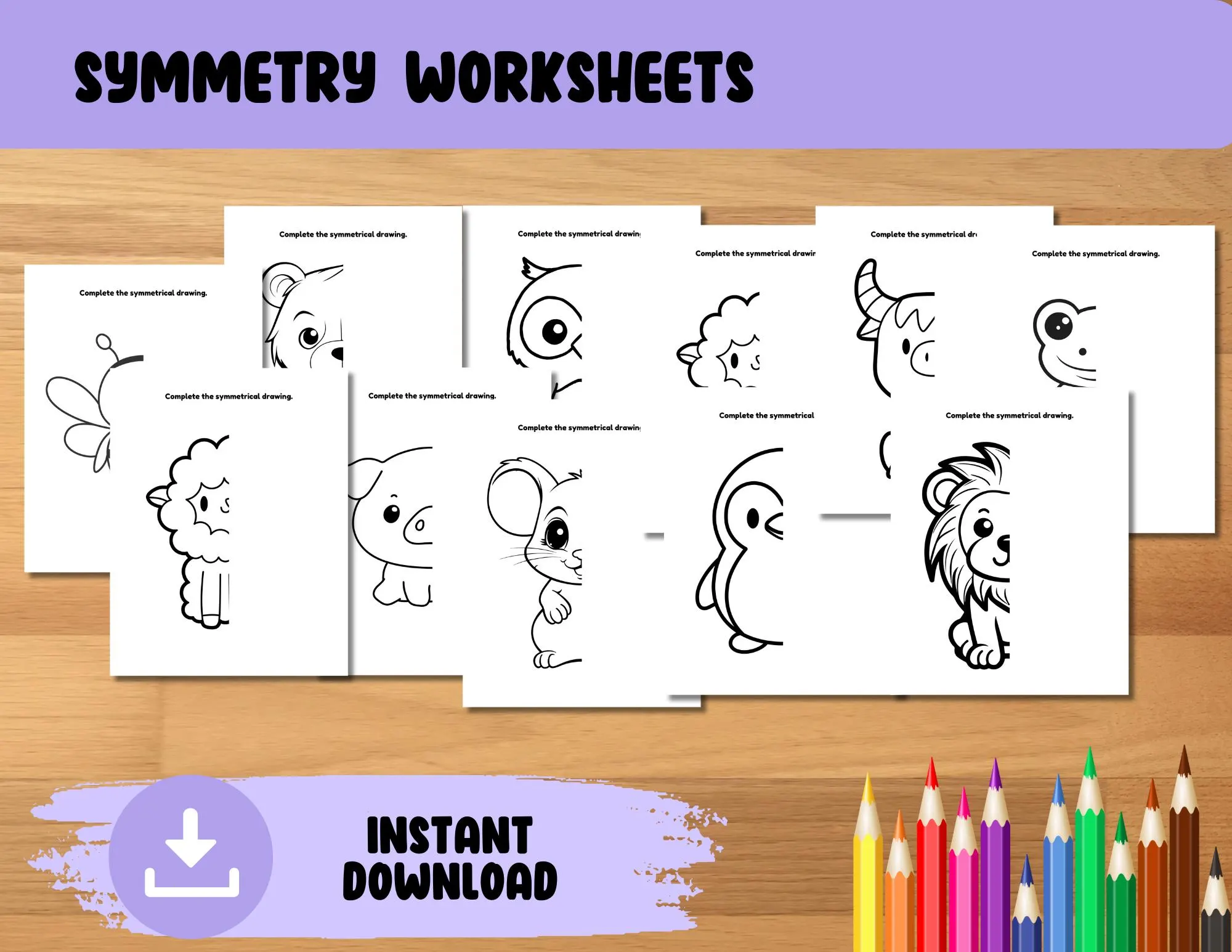 Shapes with Symmetry Practice Worksheet for Third Grade Students Symmetry worksheet for third graders featuring various shapes to identify and draw lines of symmetry