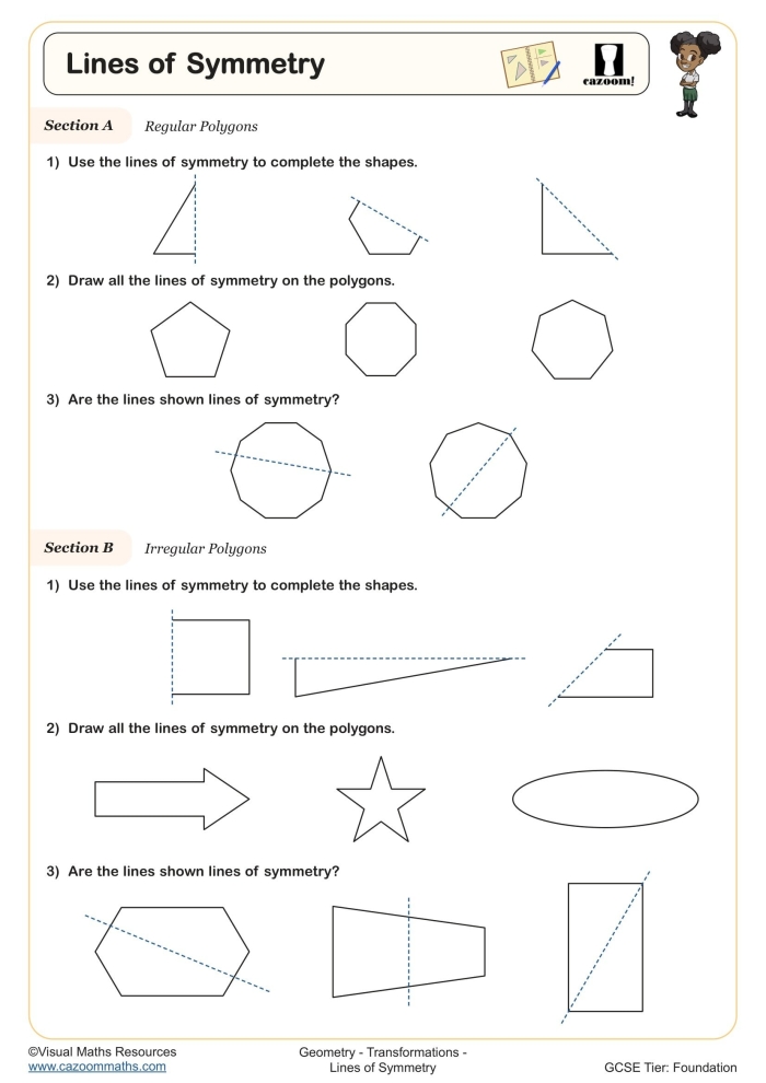 Math Worksheet 16 Shapes with Symmetry for Third Grade Students Third grade math worksheet featuring various geometric figures to help students practice identifying symmetry and drawing lines of symmetry