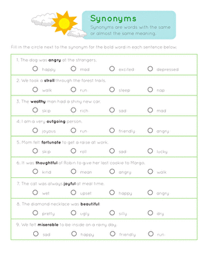 Synonym practice worksheet for third graders to enhance vocabulary skills Third-grade students practicing synonyms with a worksheet featuring bold words