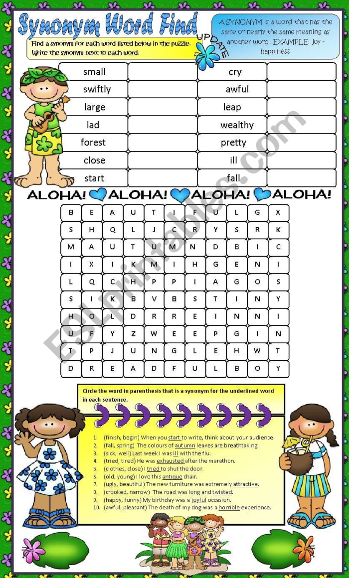 Find the Synonym Worksheet Number Ten for Grade Three Students Third grade algebra worksheet for practicing synonyms by identifying words with similar meanings