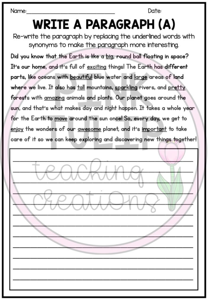 Worksheet image for finding synonyms in third-grade algebra activities Synonym practice worksheet for third graders featuring bold words to find synonyms