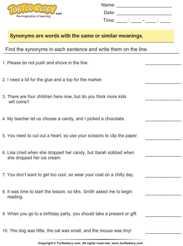 Find the Synonym Worksheet Number 12 for Third Grade Math Vocabulary Third grade students choosing synonyms from a list on an algebra themed worksheet