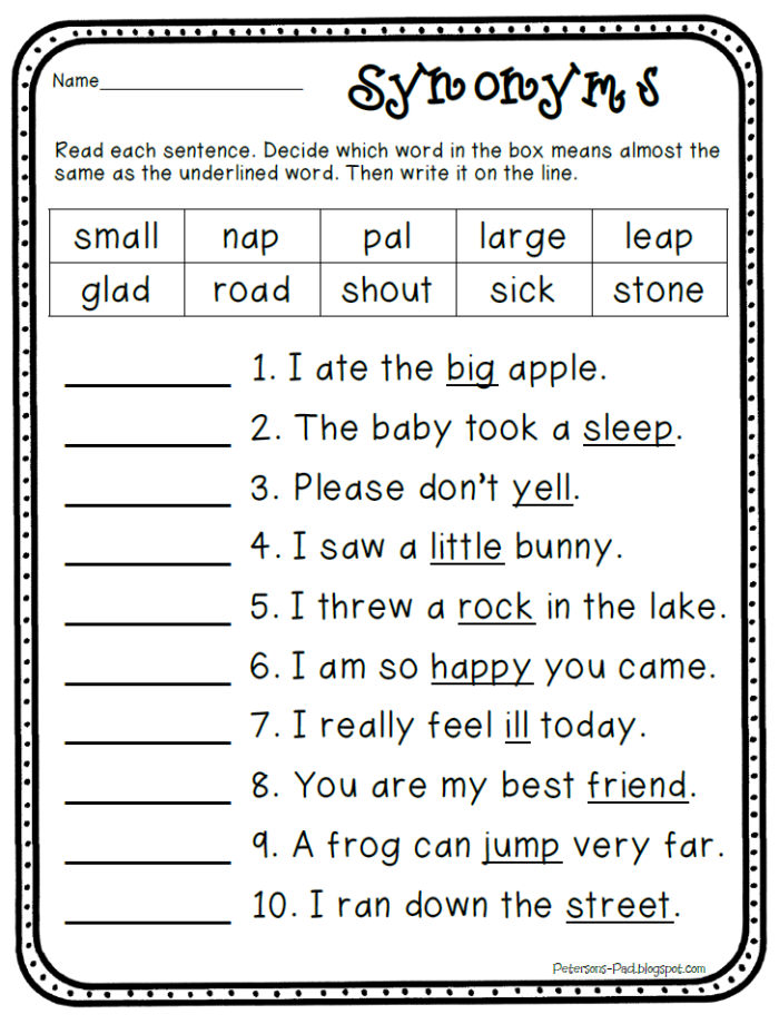 Worksheet featuring synonyms for third graders to fill in missing words