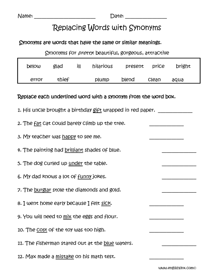 Worksheet featuring synonyms for third graders to complete sentences