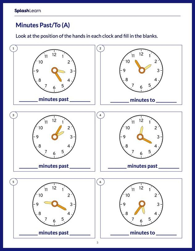 Worksheet showing how to count minutes in an hour for third graders
