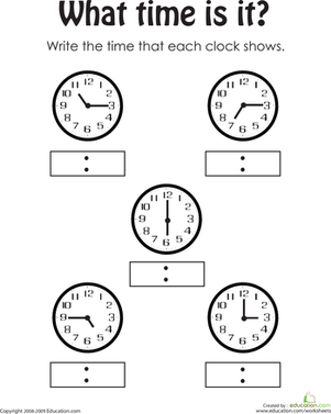 Third grade math worksheet featuring a calendar and clock review for telling time