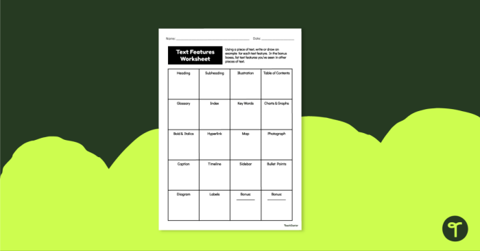 Third grade student filling out a Text Feature Descriptions worksheet about informational text parts