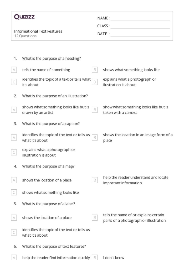 Worksheet showcasing text and text features for third graders