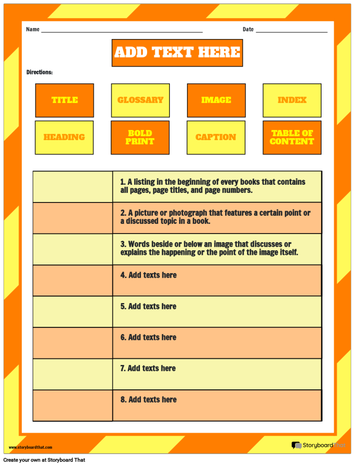 Third grade student worksheet for identifying and describing various non-fiction text features