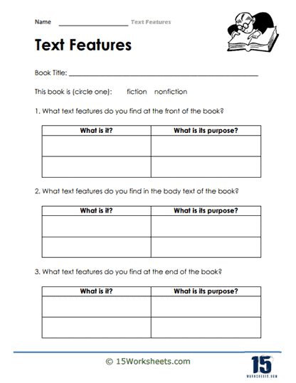 Worksheet showcasing text and text features for comprehension practice in third grade