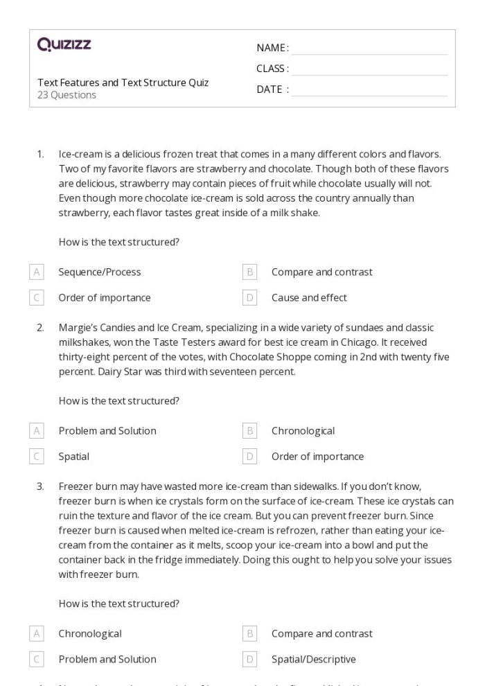 Worksheet for third graders on understanding text and text features