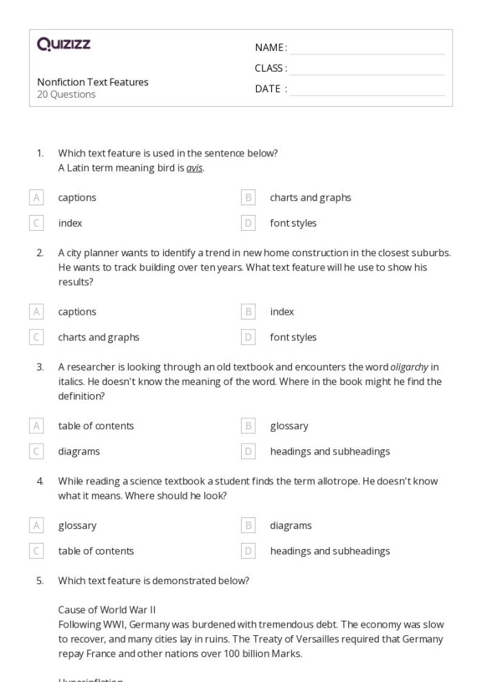 Worksheet for third graders focusing on text and text features comprehension skills