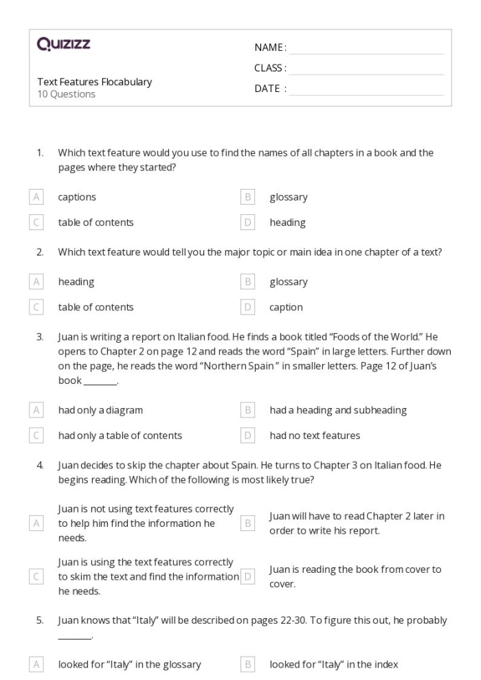 Worksheet for third graders focusing on text and text features comprehension skills