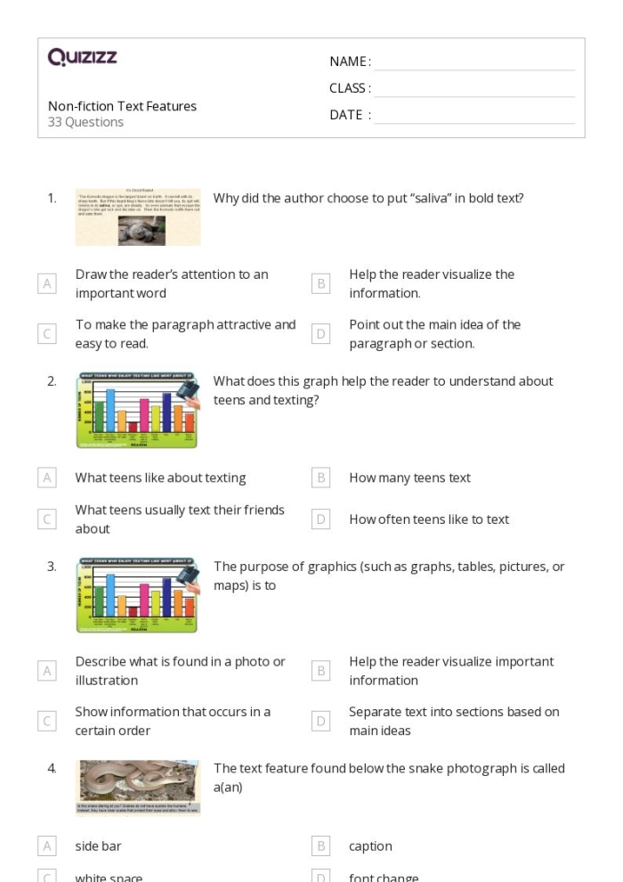Worksheet for practicing comprehension with text and text features for third graders
