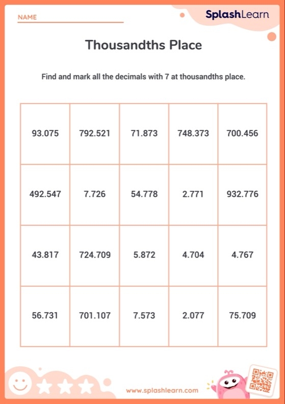 Thousandths place value practice worksheet for children in third grade Worksheet for practicing place value with thousandths for third graders