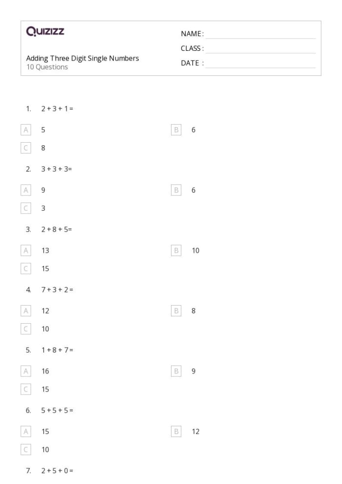 Worksheet for practicing the addition of three-digit numbers up to 1,000 for third graders