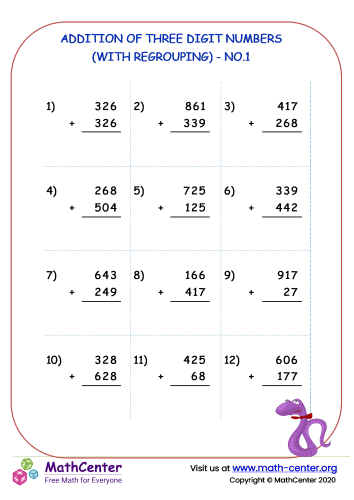 Worksheet featuring exercises for adding three-digit numbers up to 1,000 for third graders