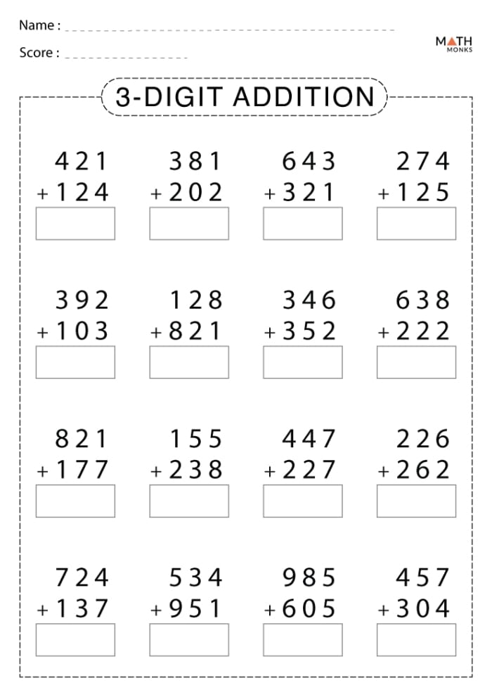 Worksheet featuring exercises for adding three-digit numbers up to 1,000 for third graders