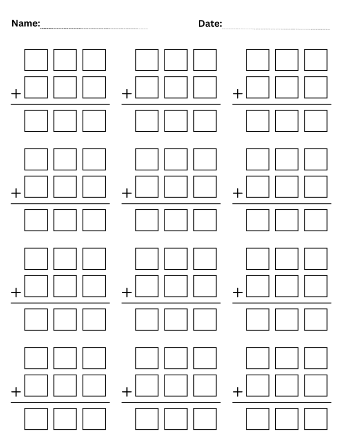 Third grade student worksheet focusing on practicing three-digit addition problems up to 1,000