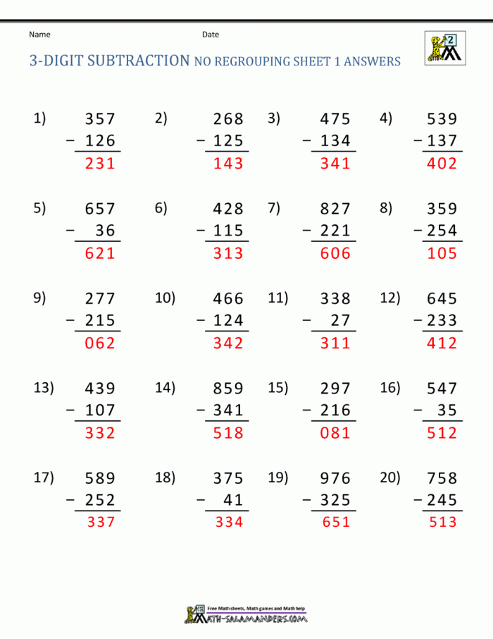 Worksheet for mastering three-digit subtraction, part 1 Third-grade students practicing three-digit subtraction strategies on a worksheet