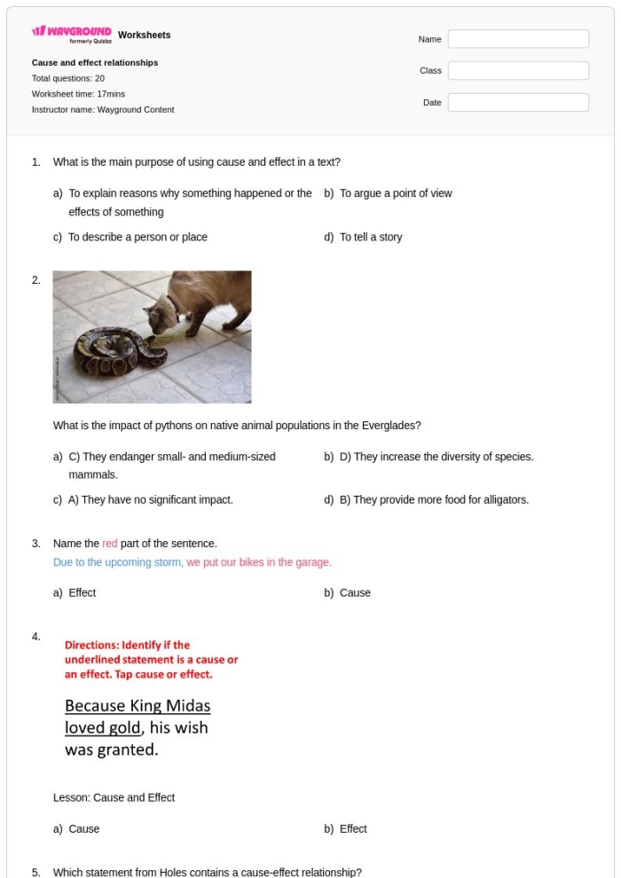 Worksheet exploring cause and effect relationships in thunderstorms for third graders