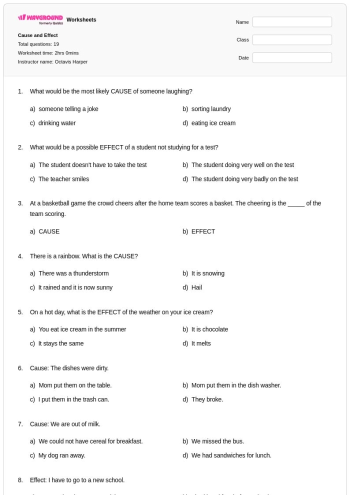 Third grade worksheet for identifying cause and effect relationships in a text about thunderstorms