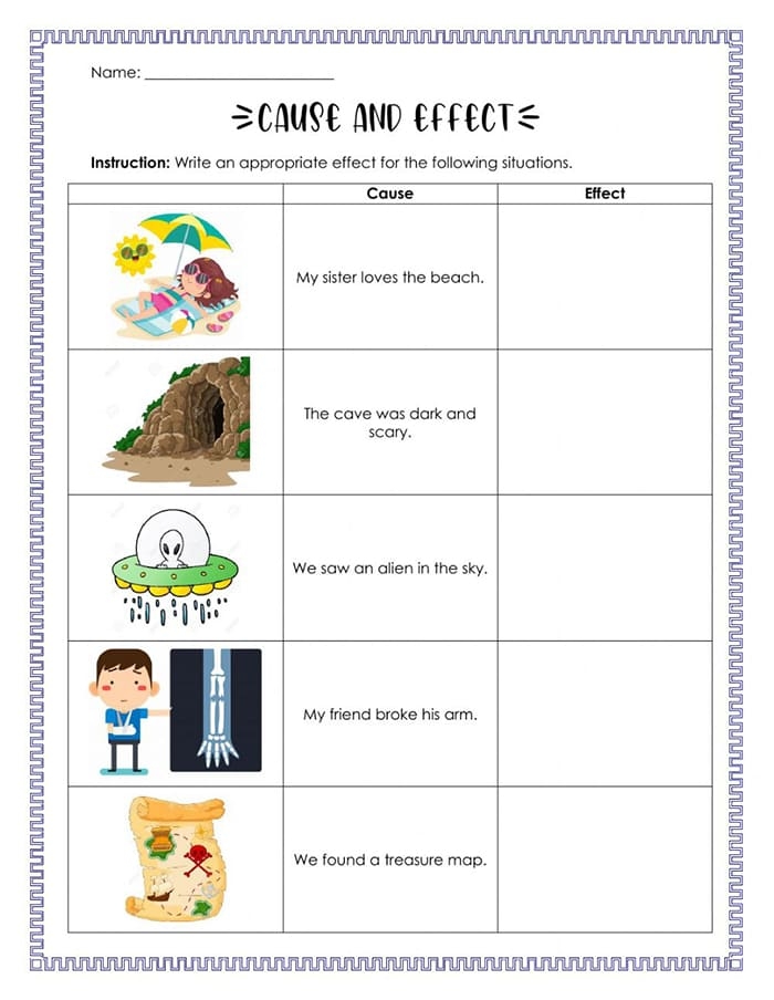 Worksheet illustrating cause and effect relationships in thunderstorms for third graders