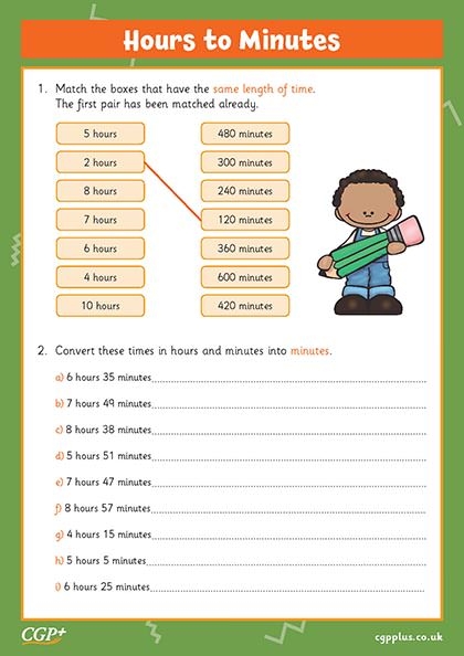 Third grade student worksheet explaining how to calculate minutes in an hour for time telling practice