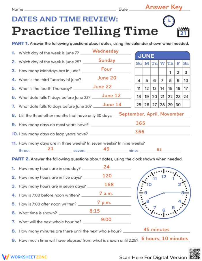 Children practicing telling time and dates with a worksheet