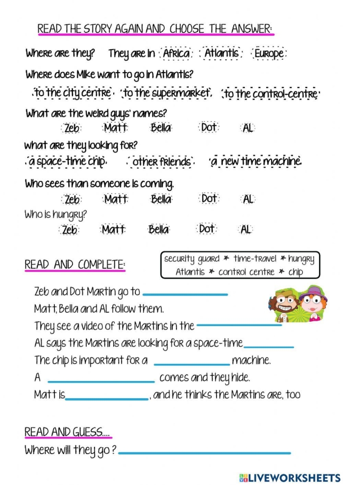 Worksheet for third graders to practice telling time with a clock illustration for calculations. Time Flies! worksheet image for time and money category.