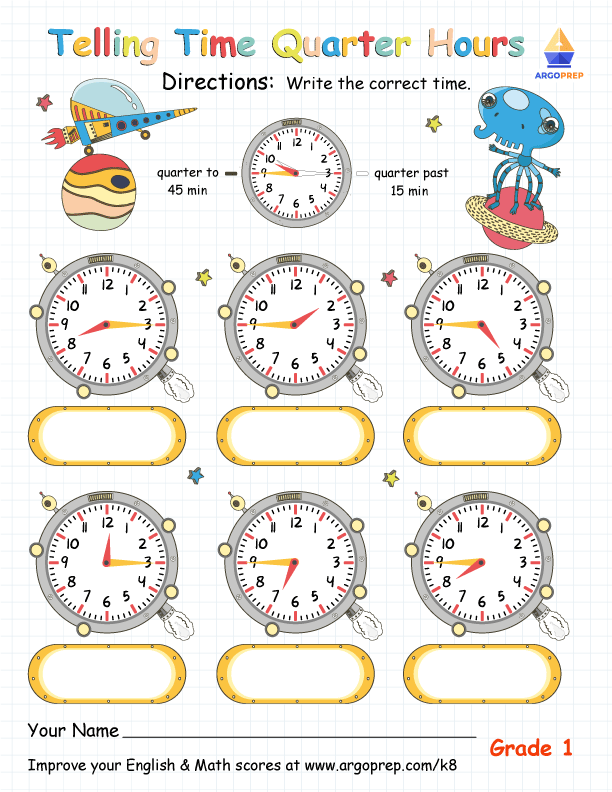 Third grade worksheet featuring a clock illustration to help students calculate elapsed time