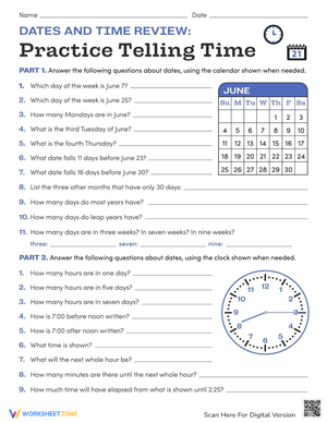 Third grade math worksheet featuring twenty practice problems on reading calendars and telling time