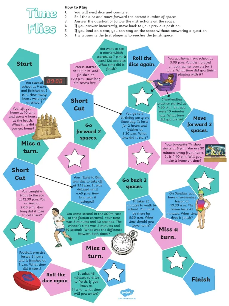 Third grade time telling worksheet featuring a clock for calculating elapsed time