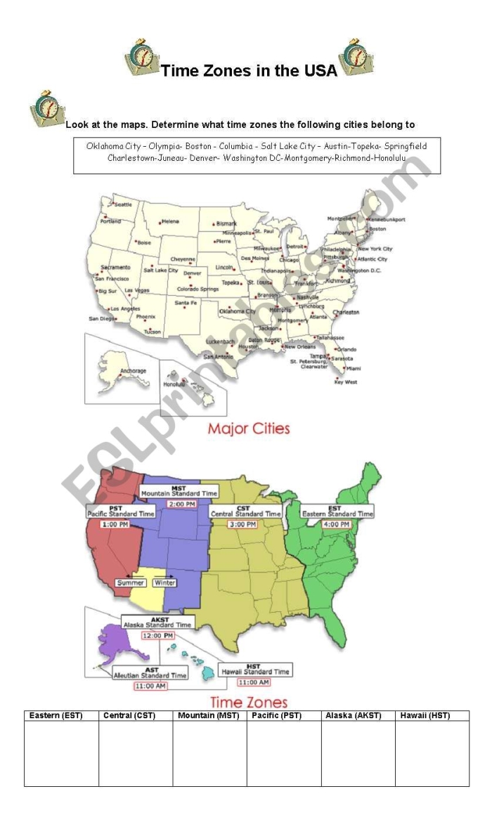 Third grade geography worksheet focusing on identifying 50 states time zones