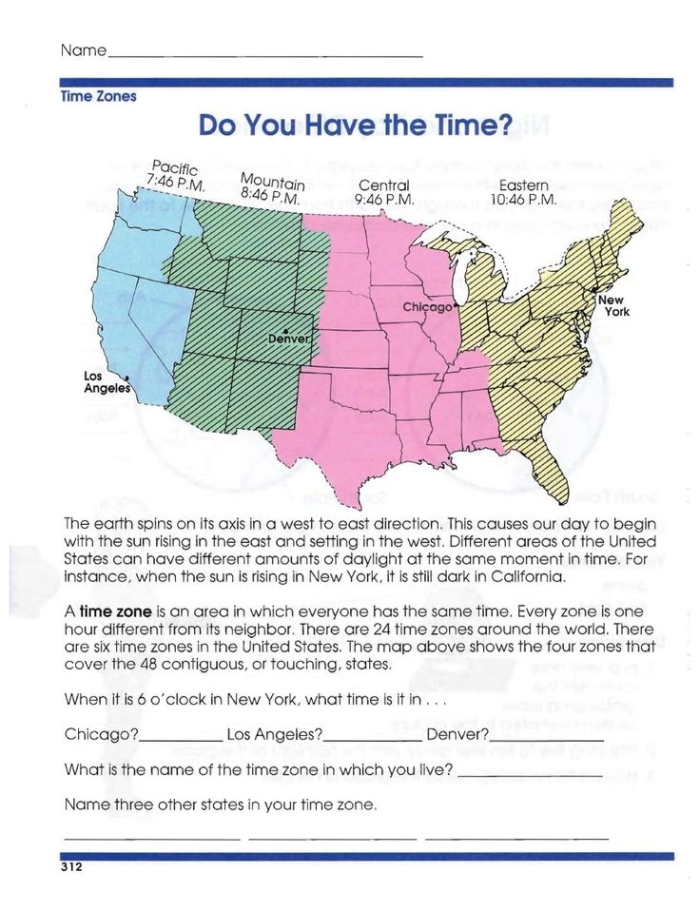 Third grade students learning to read time zones on a map of the United States with clock faces showing different times