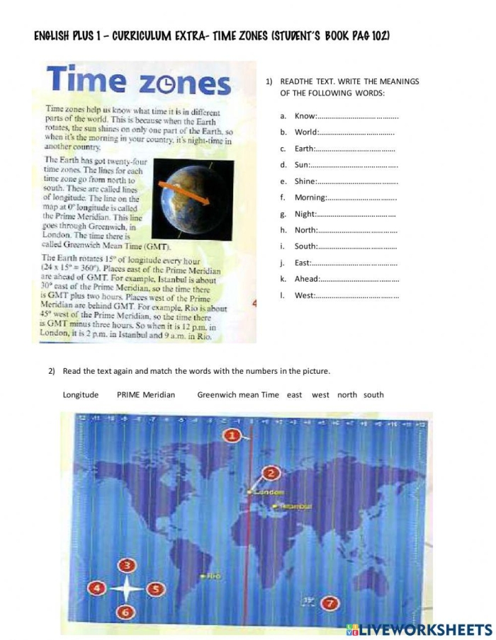 Worksheet illustrating time zone calculations for third graders