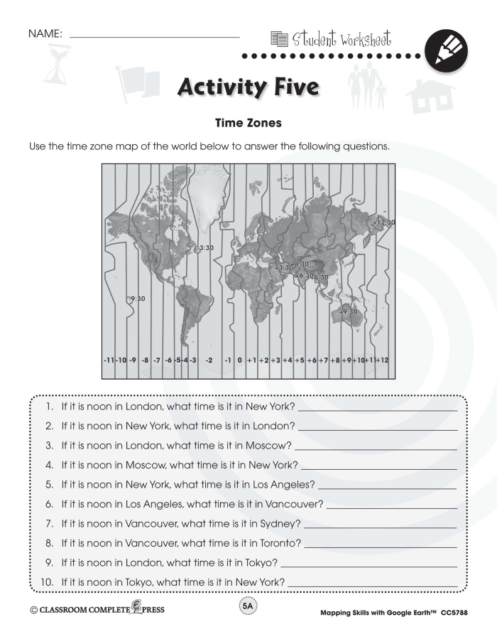 Worksheet illustrating time zone calculations for third graders