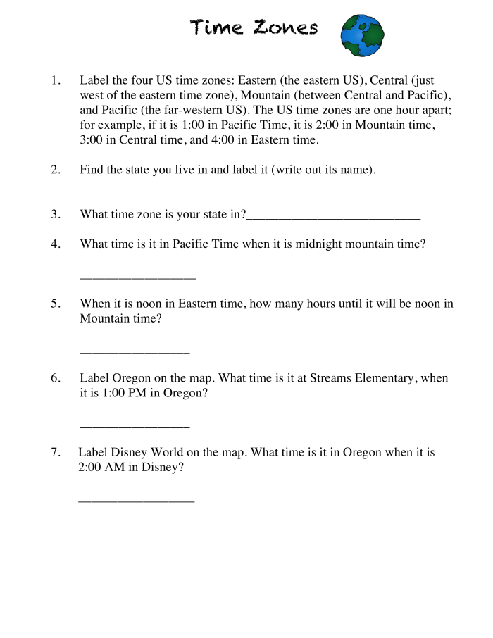 Third grade math worksheet covering time zone calculations and geography for lesson 25