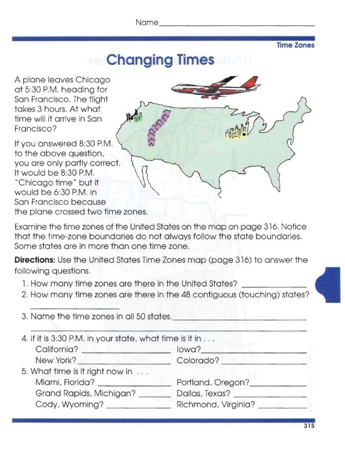 Third grade students learning to read clocks and understand time zones across the United States map
