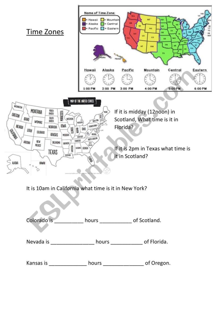 Third grade worksheet featuring a map of the 50 states to practice calculating time zones