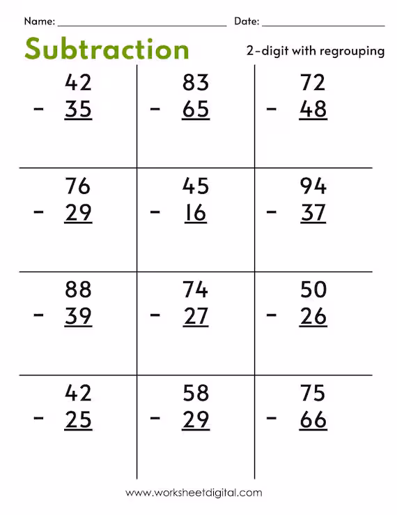 2-Minute Subtraction Speed Drill Exercise 6 for Elementary Math Practice Third grade student completing rapid subtraction problems on a timed math drill worksheet