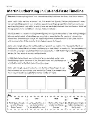Third grade students engaging with a Martin Luther King Jr. timeline cut-and-paste activity worksheet