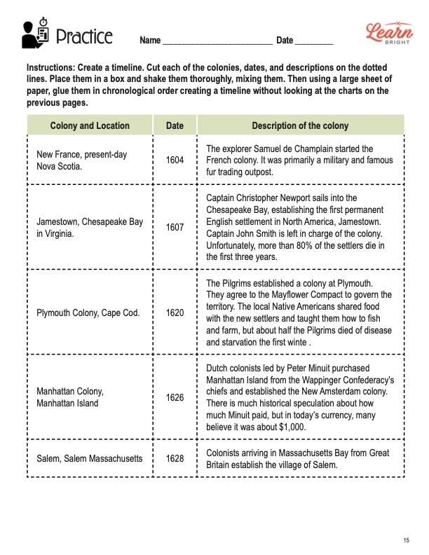 Worksheet featuring a timeline for early colonial history designed for third graders