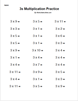 Times Tables Practice Sheet for Multiplying by Threes Third grade student practicing multiplication facts for the 3s times tables on a worksheet exercise