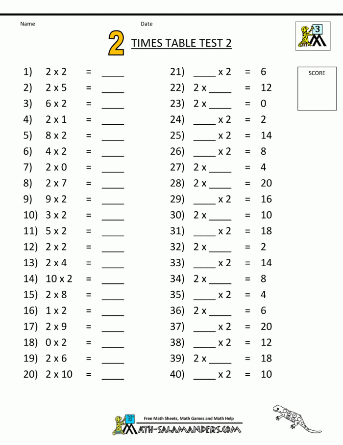 Times Tables 2s Practice Sheet for Elementary Math Learners Third grade student practicing multiplication facts by twos on a times tables worksheet